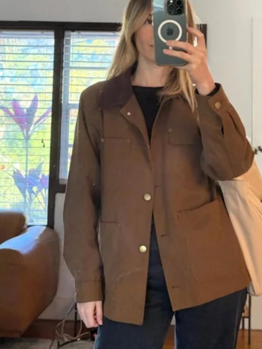 Oversized Vintage Utility Barn Jacket with Corduroy Collar for Women - Picture 9 of 9